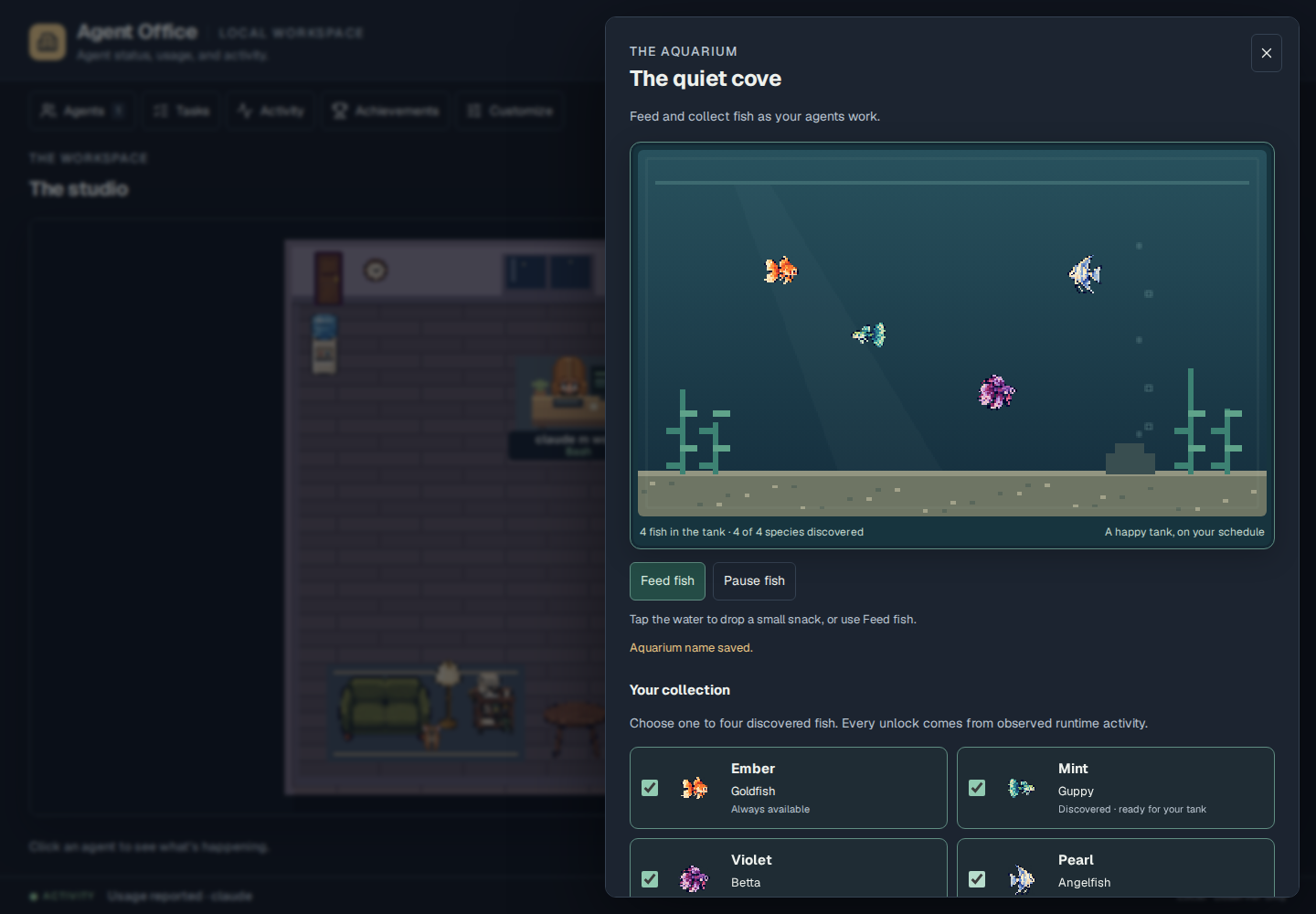 An interactive aquarium with colorful pixel fish, feeding controls, and a species collection.