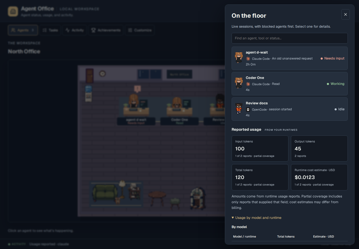 Agent Office's usage panel with token totals, runtime estimates, coverage, and source details from synthetic sessions.